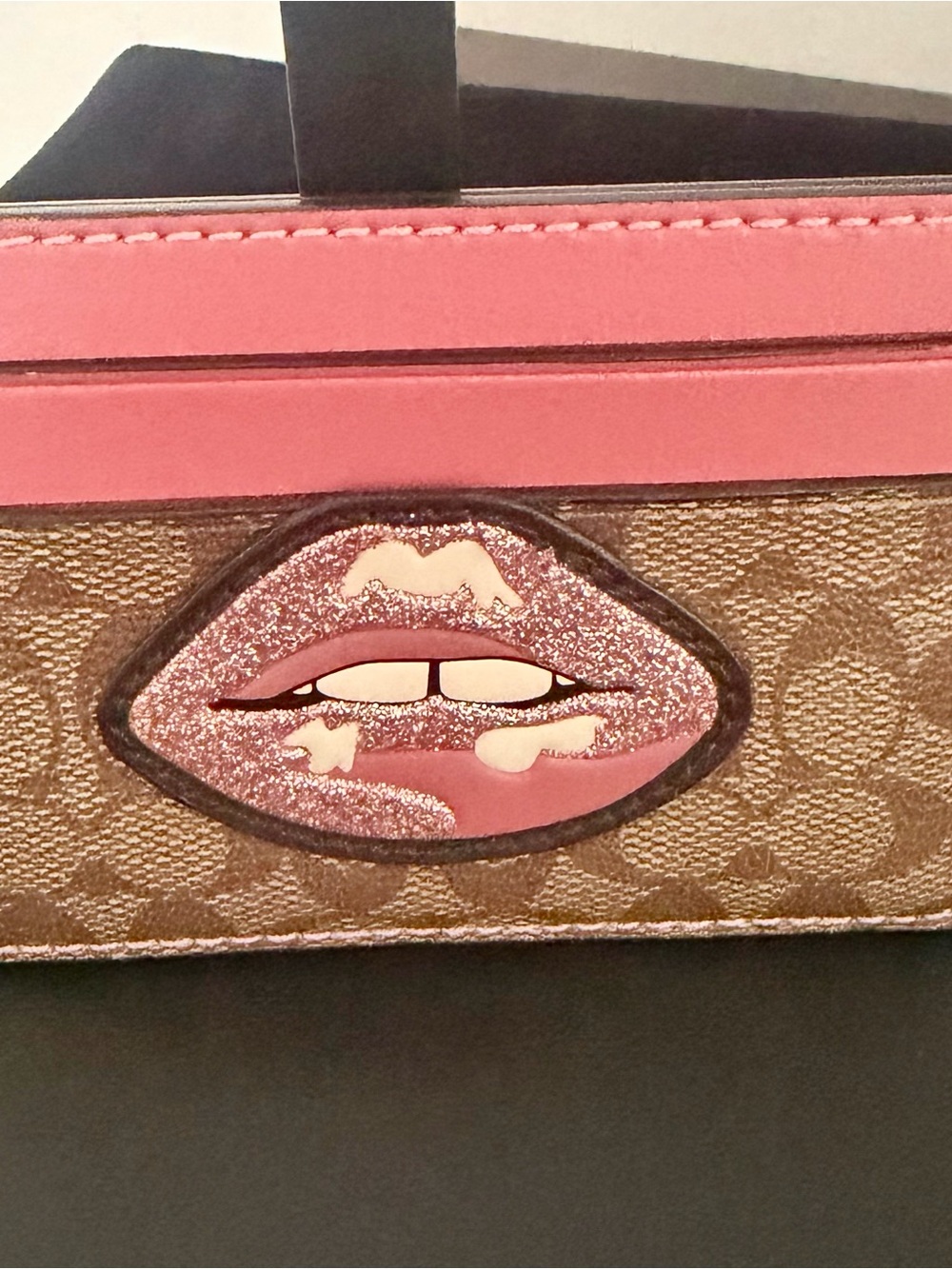 Coach Brown Signature Canvas Tote with Pink Glitter Lips Appliqué